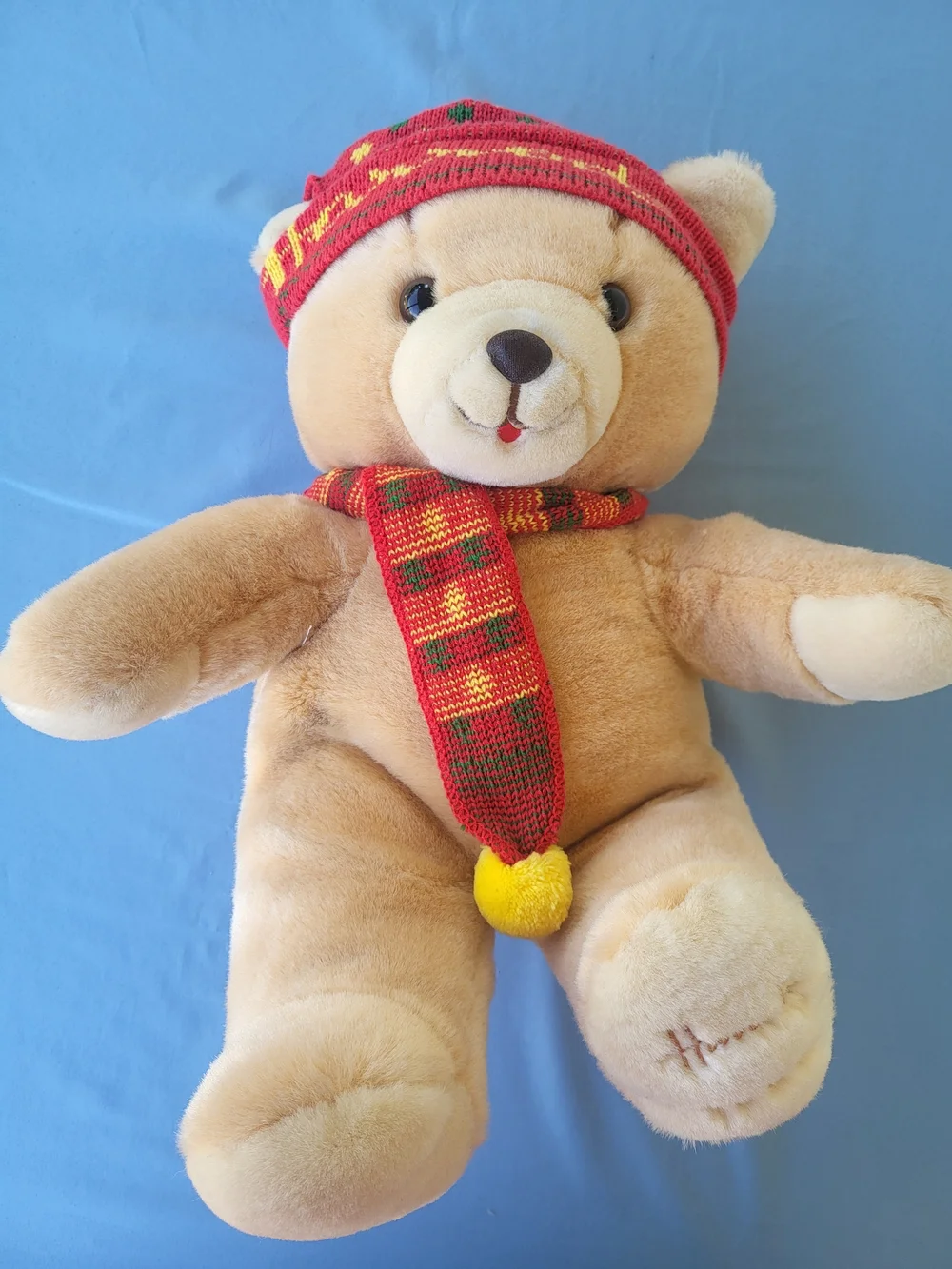 Harrods Tan Plush Teddy Bear with Red and Yellow Knit Hat & Scarf